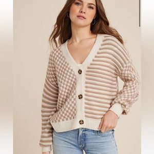 NWT! Cute checkered and striped cardigan! Light brown and cream! So cute!